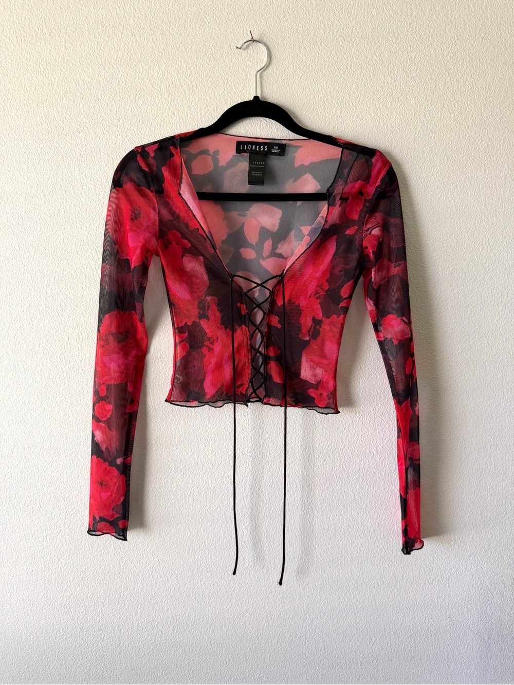 Lioness Black & Red Floral Lace-Up Mesh Long Sleeve Top